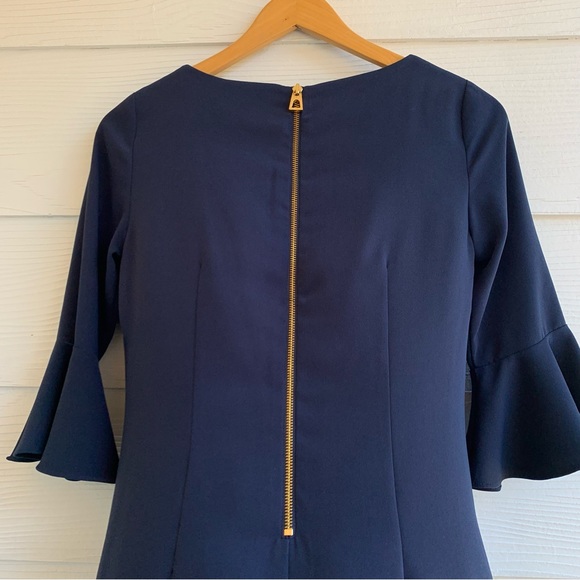 Sail to Sable Navy Blue Shift Dress size 2 M flared 3/4 Sleeves Zipper Ruffled - Picture 7 of 11